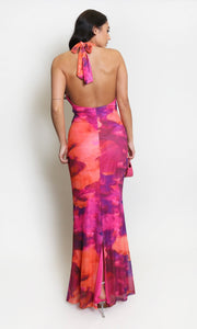 Pink Water Colour Halter Neck Maxi Dress