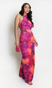 Pink Water Colour Halter Neck Maxi Dress