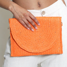 Load image into Gallery viewer, Orange Sequin Woven Straw Clutch Bag