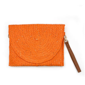 Orange Sequin Woven Straw Clutch Bag