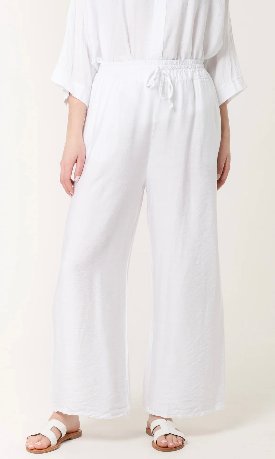 WHITE ELASTIC WAIST POCKET WIDE LEG TROUSERS