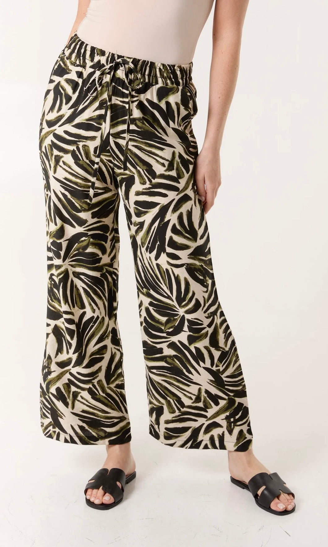 PALM LEAF PRINT ELASTICATED WIDE LEG TROUSERS