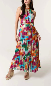 WATERCOLOUR FLORAL HALTER NECK MAXI DRESS