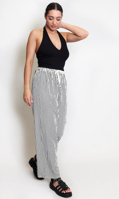 Black and Cream Striped Casual Wide Leg Trouser
