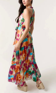 WATERCOLOUR FLORAL HALTER NECK MAXI DRESS