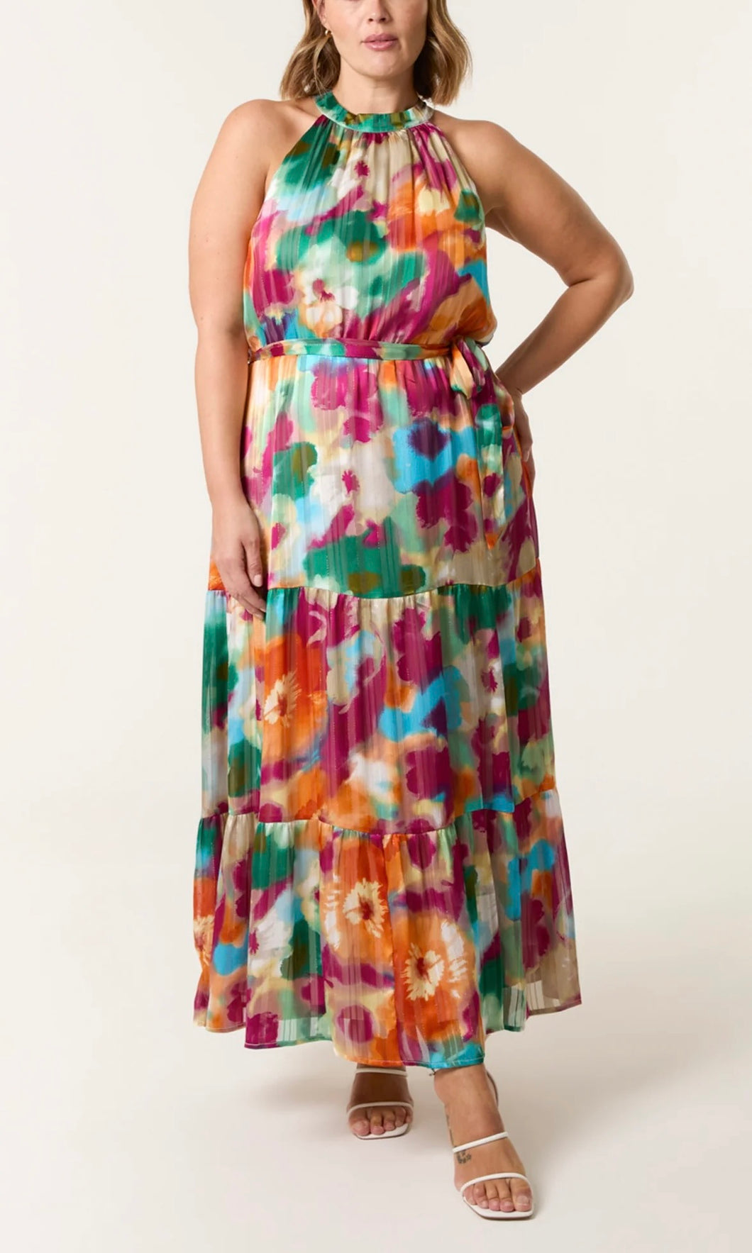 WATERCOLOUR FLORAL HALTER NECK MAXI DRESS