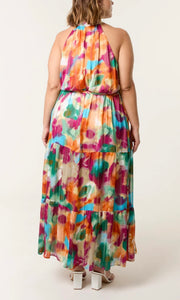 WATERCOLOUR FLORAL HALTER NECK MAXI DRESS