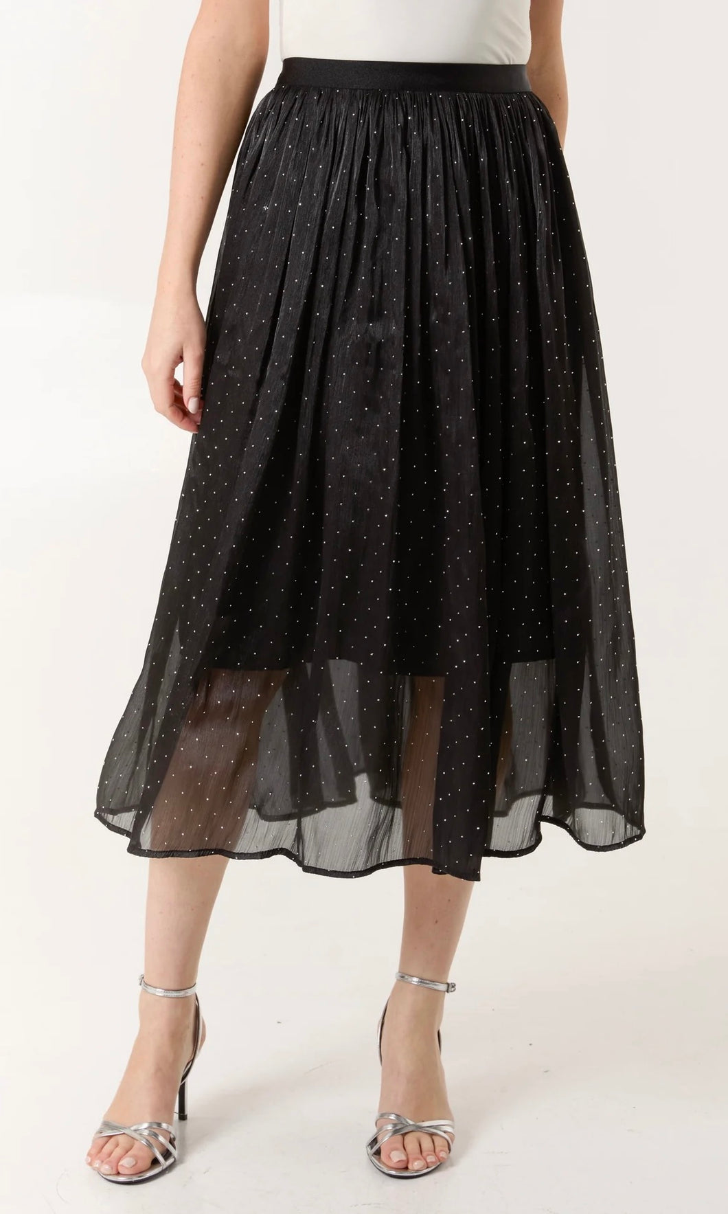BLACK MESH SHIMMER MIDI SKIRT
