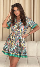 Load image into Gallery viewer, Jazlyn Blue Boarder Print Wrap Mini Dress