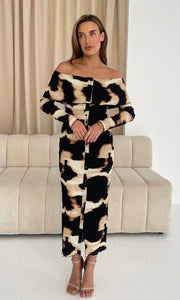 Becky Animal Print Long Sleeve Bardot Midi Dress