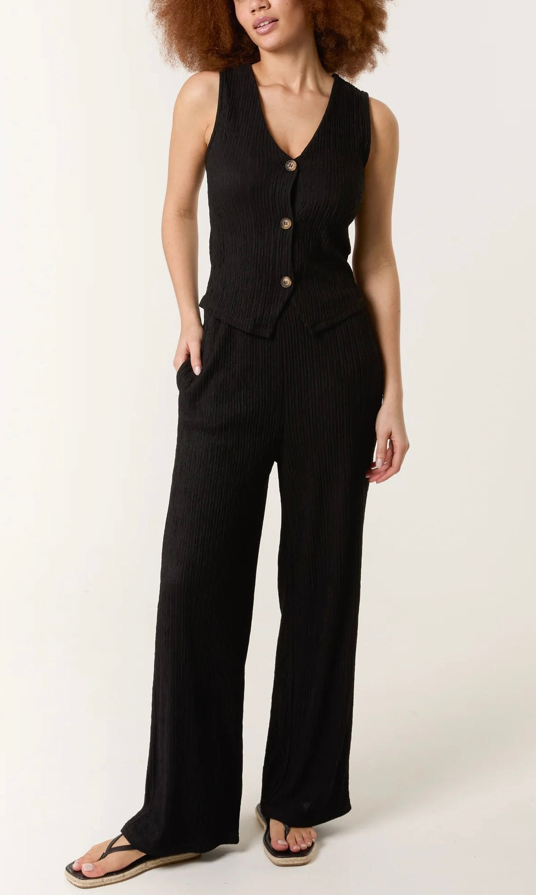 BLACK TEXTURED BUTTON-UP WAISTCOAT & TROUSER CO - ORD SET