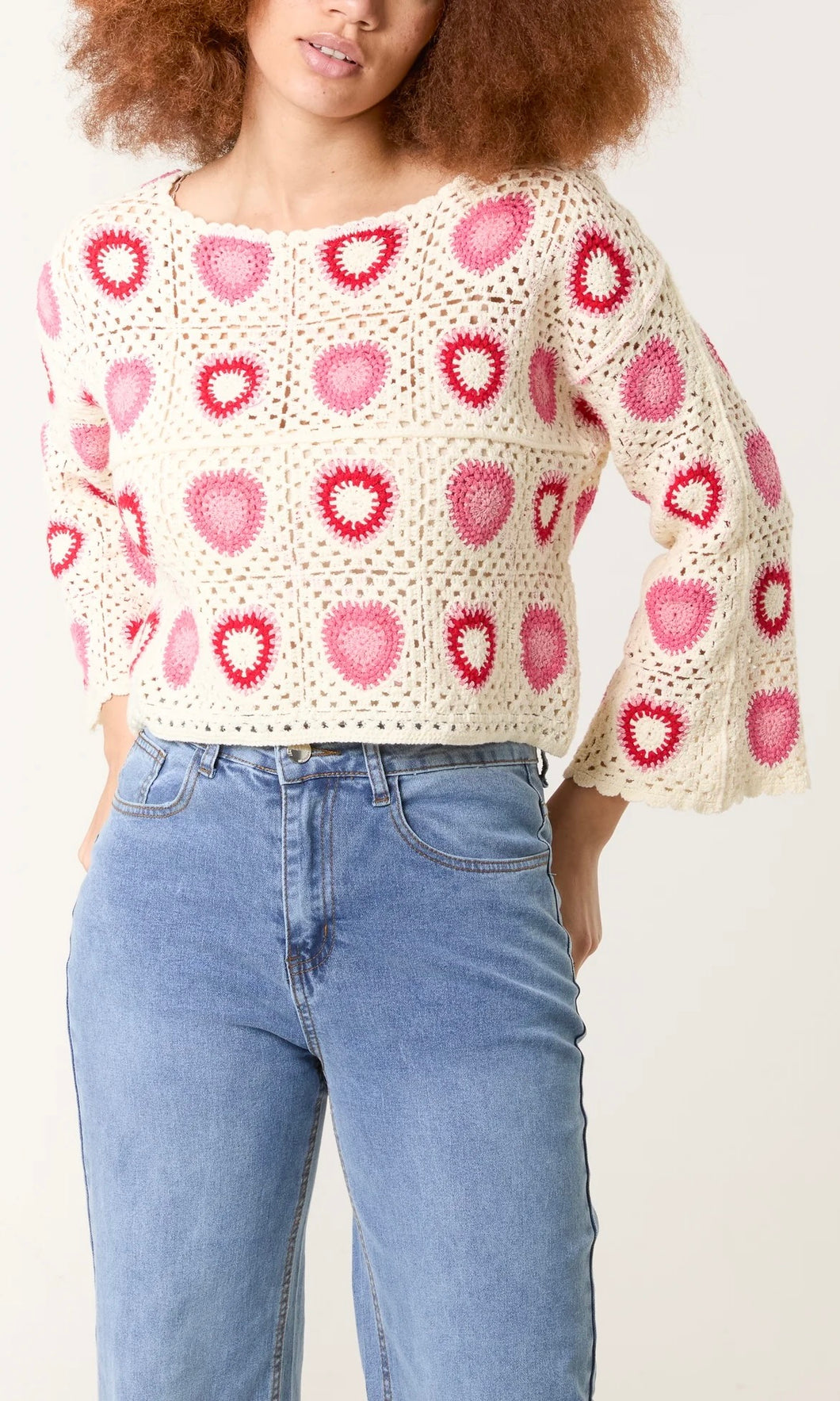 PINK HEART PATCHWORK CROCHET TOP