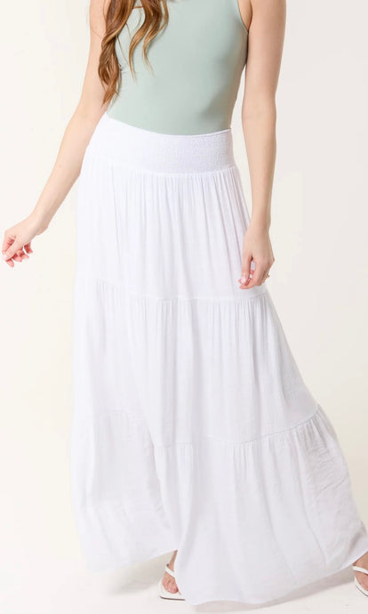 WHITE SHIRRED TIERED MAXI SKIRT