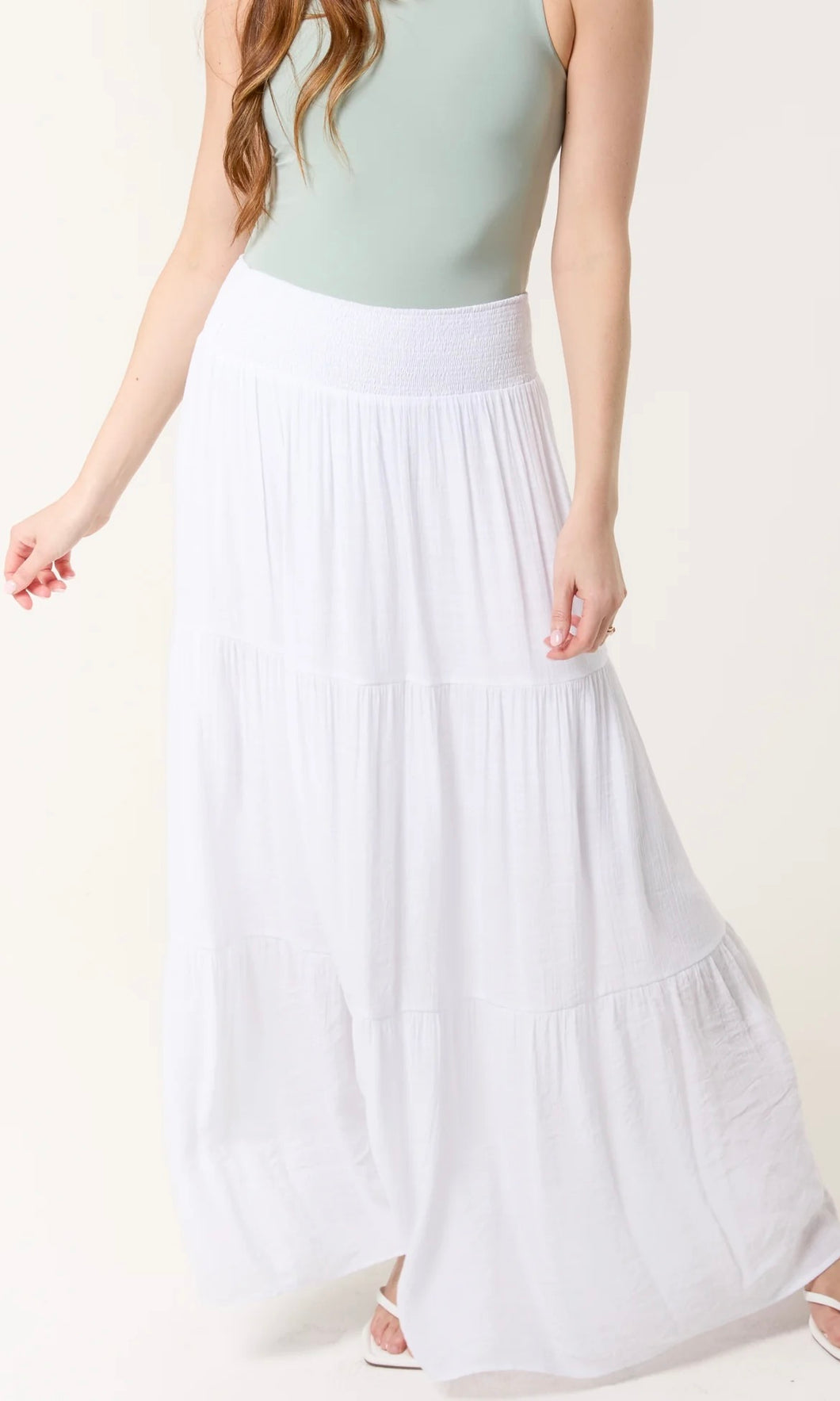 WHITE SHIRRED TIERED MAXI SKIRT