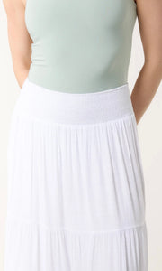 WHITE SHIRRED TIERED MAXI SKIRT