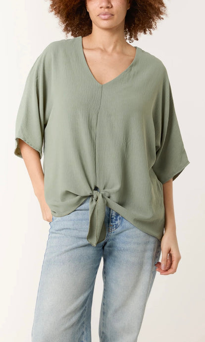 Khaki Green V-Neck Tie Hem Top