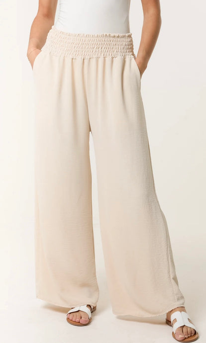 CREAM ELASTICATED WAIST POCKETS WIDE LEG TROUSERS