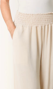 CREAM ELASTICATED WAIST POCKETS WIDE LEG TROUSERS