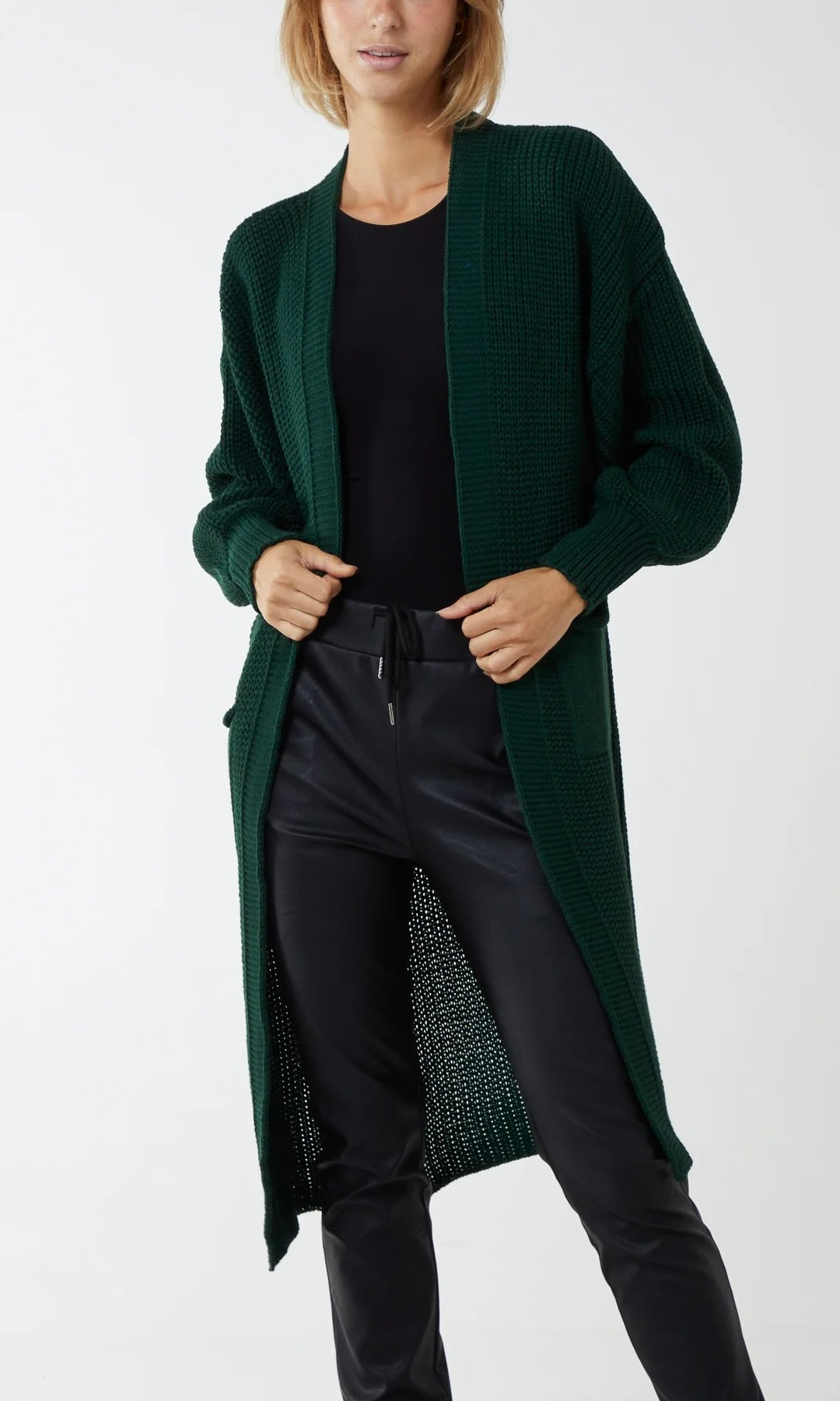 FOREST GREEN CHUNKY KNIT LONGLINE CARDIGAN – CHIC