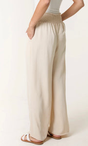CREAM ELASTICATED WAIST POCKETS WIDE LEG TROUSERS