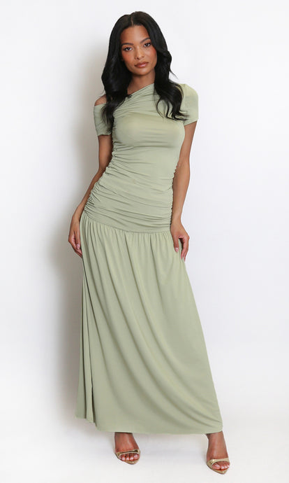 Green Gathered Banded Waist Maxi Skirt