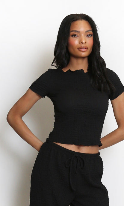 Black Textured Shirred Short Sleeve Top