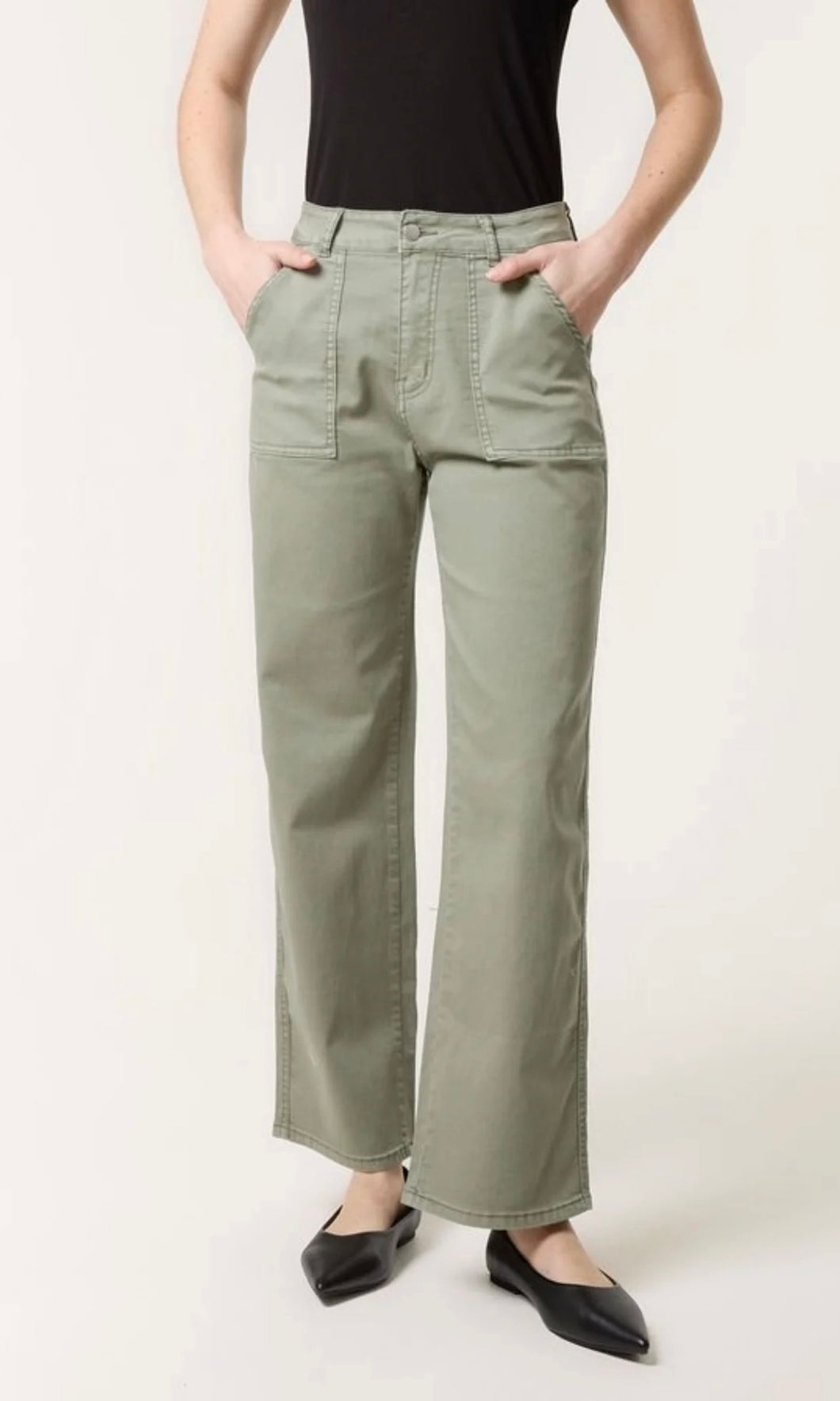 KHAKI WIDE LEG COTTON TROUSER JEANS