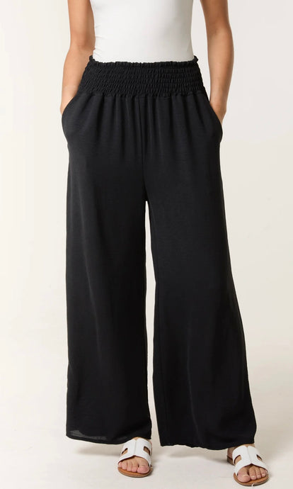 BLACK ELASTICATED WAIST POCKETS WIDE LEG TROUSERS