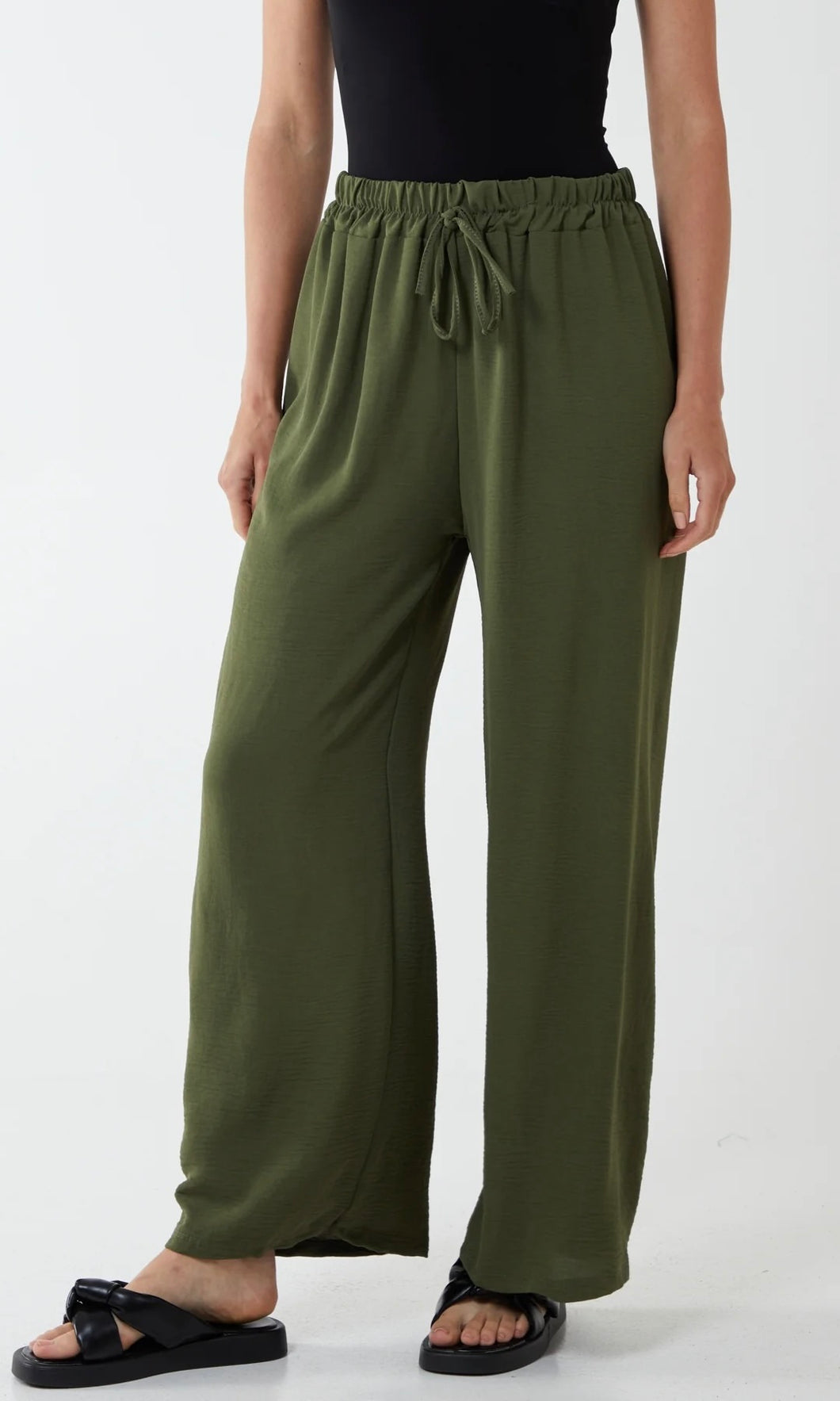 KHAKI DRAWSTRING VISCOSE CREPE TROUSER
