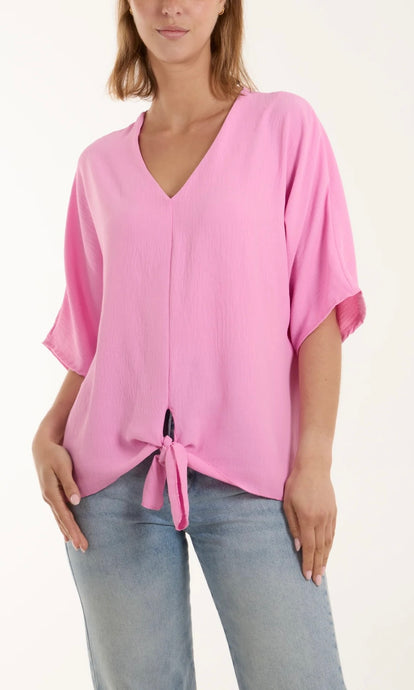 Bubblegum Pink V-Neck Tie Hem Top