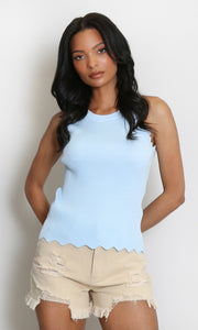 Blue Scallop Hem Racer Fine Knit Vest Top