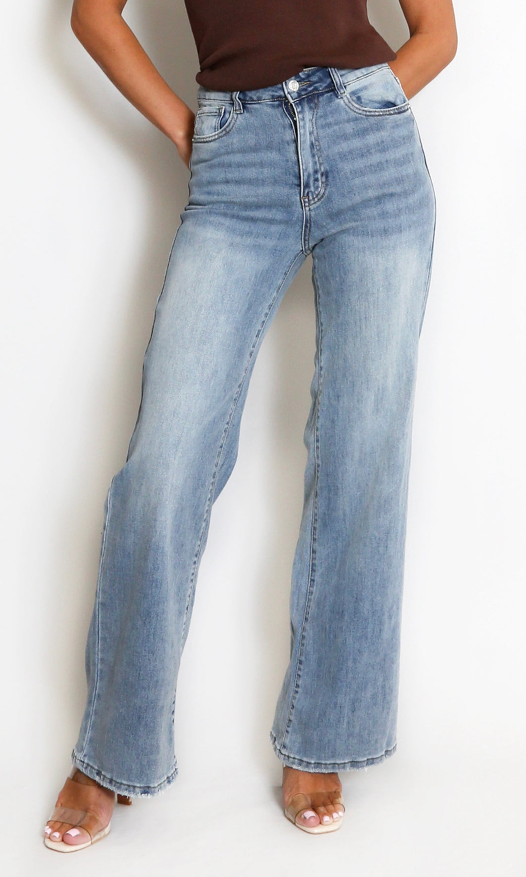 Mid Blue Wash Wide Straight Leg Jeans