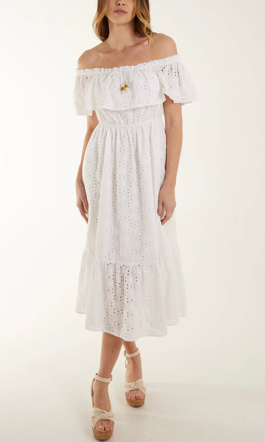 WHITE BARDOT BEADED BRODERIE ANGLAISE MIDI DRESS
