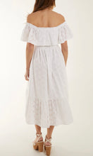 Load image into Gallery viewer, WHITE BARDOT BEADED BRODERIE ANGLAISE MIDI DRESS