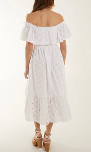 WHITE BARDOT BEADED BRODERIE ANGLAISE MIDI DRESS