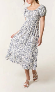 BLUE AND WHITE VINTAGE FLORAL PUFF SLEEVE MIDI DRESS