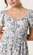 Load image into Gallery viewer, BLUE AND WHITE VINTAGE FLORAL PUFF SLEEVE MIDI DRESS