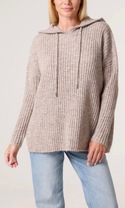 TAUPE RIBBED SOFT KNIT HOODIE