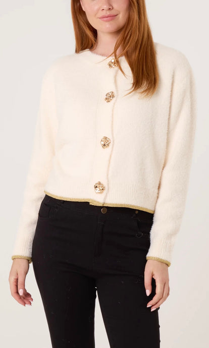 CREAM GOLD FLOWER BUTTON KNIT CARDIGAN