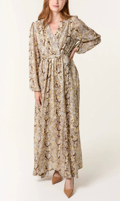 GOLD SNAKE PRINT WRAP MAXI DRESS