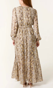 GOLD SNAKE PRINT WRAP MAXI DRESS