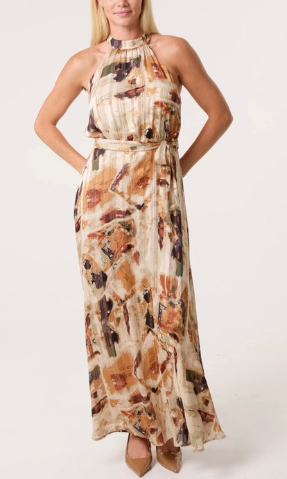 CREAM MARBLE HALTER NECK MAXI DRESS