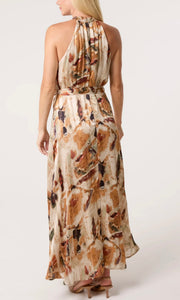 CREAM MARBLE HALTER NECK MAXI DRESS