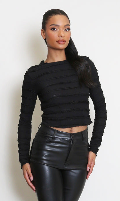 Black Textured Long Sleeves Crop Top