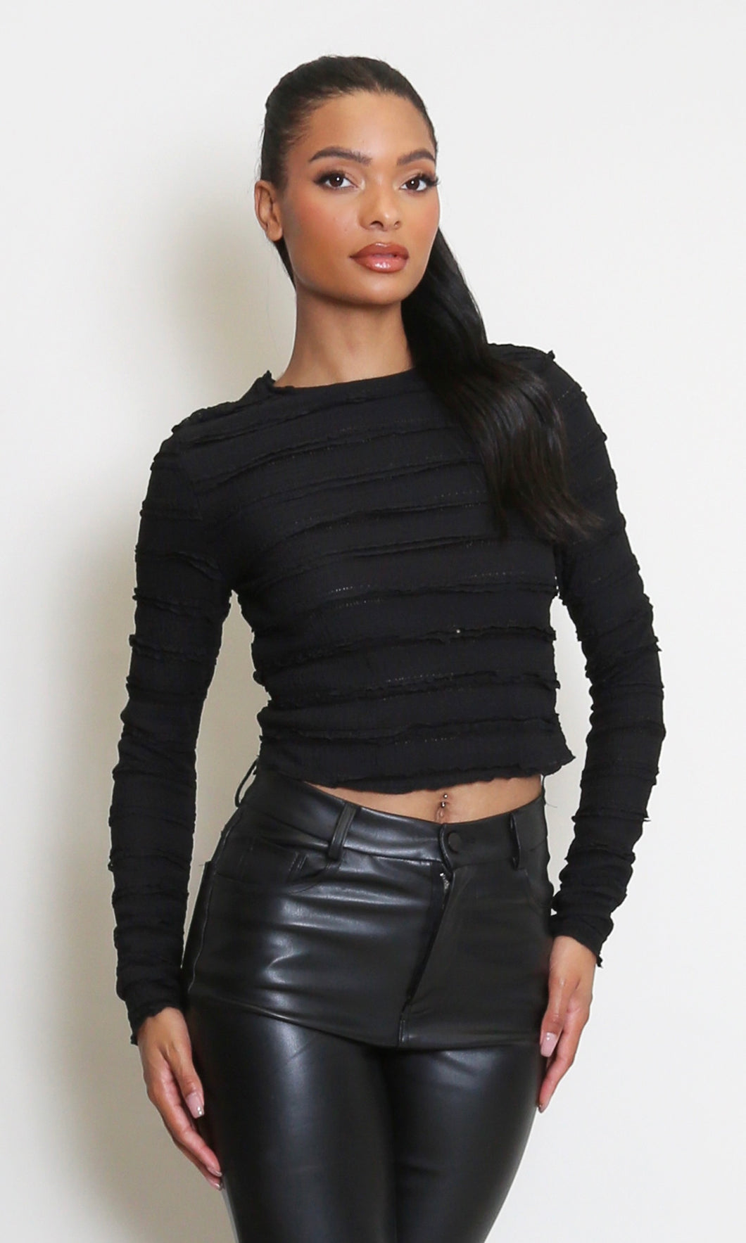Black Textured Long Sleeves Crop Top