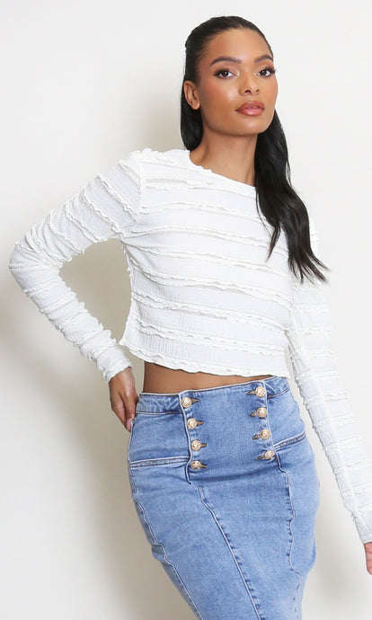White Textured Long Sleeves Crop Top