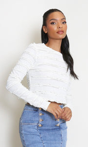 White Textured Long Sleeves Crop Top