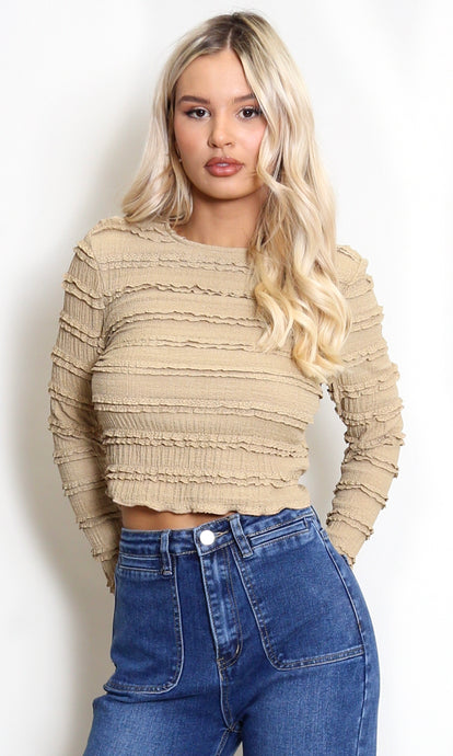 Taupe Textured Long Sleeves Crop Top