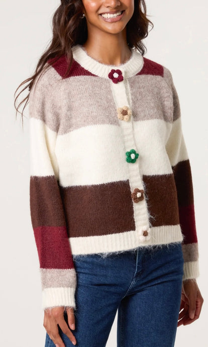 STRIPED FLOWER BUTTON KNIT CARDIGAN