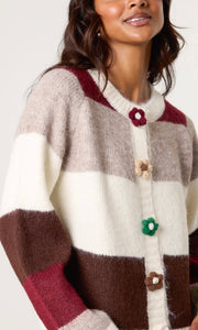 STRIPED FLOWER BUTTON KNIT CARDIGAN